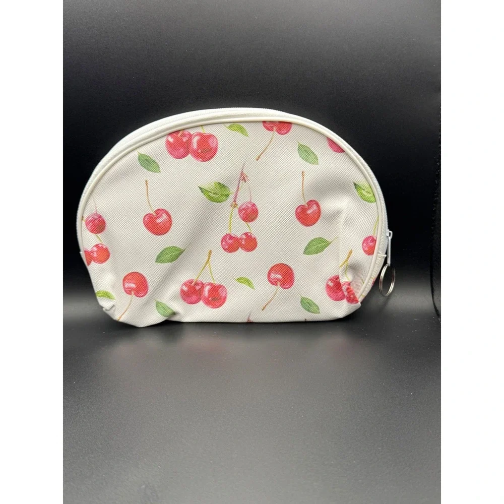 Cherry Print Dome Cosmetic Bag White Red Fruit‎ Pattern Makeup Pouch Organizer